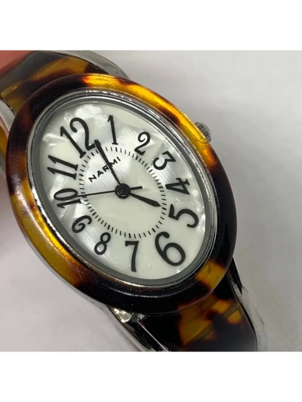 Narmi silver tone Tortoise shell cuff bracelet watch mop dial 28mm 6.5” running